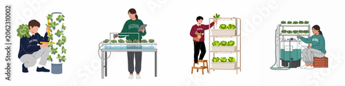 Bild auf Leinwand Illustrations of students exploring and managing various hydroponic and aquaponic systems for indoor plant cultivation and agricultural science education