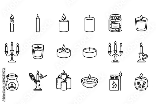 Canvastavla Minimalist candle line icon set, 18 black and white wax candle symbols, decorati