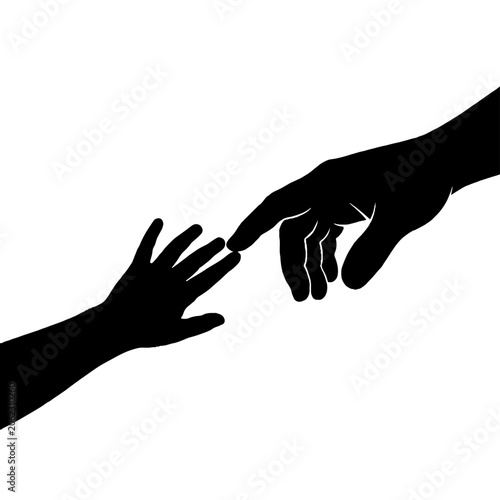 Black silhouette of an adult hand reaching out to touch a small child hand isolated on a white background in a minimalist vector illustration style