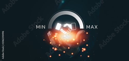 Konstfotografi A glowing handshake icon hovers above an open hand, symbolizing agreement or partnership with a dial showing a scale from min to max