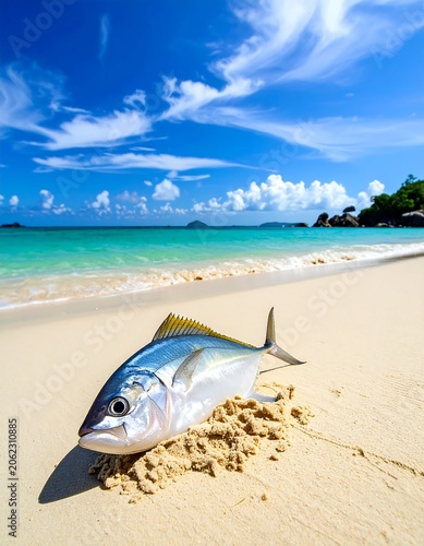 A serene beach scene with a fish on the sand