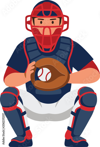 Baseball catcher crouching with ball in glove. Baseball catcher wearing full protective gear and holding a ball