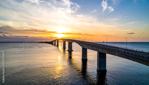 A serene bridge stretches over calm waters at sunset