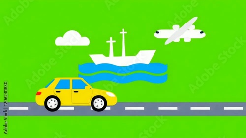 Minimalist Transportation Icons Animation Car, Ship, Plane Pop-Up on Green Screen for Logistics and Global Supply Chain
