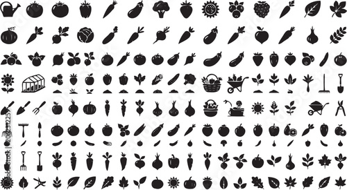 Detailed vector graphic illustration featuring a diverse collection of monochrome fruit vegetable and gardening tool silhouettes for creative design projects