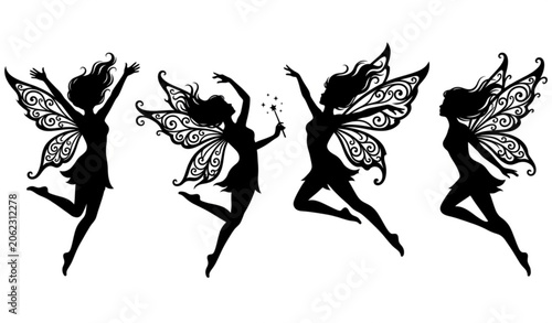 Foto Jumping Fairy Silhouettes Set with Magical Flying Poses Vector Illustration