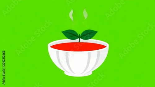 Minimalist Vector Animation of Tomato Magically Transforming into Hot Soup in a Bowl on a Green Screen