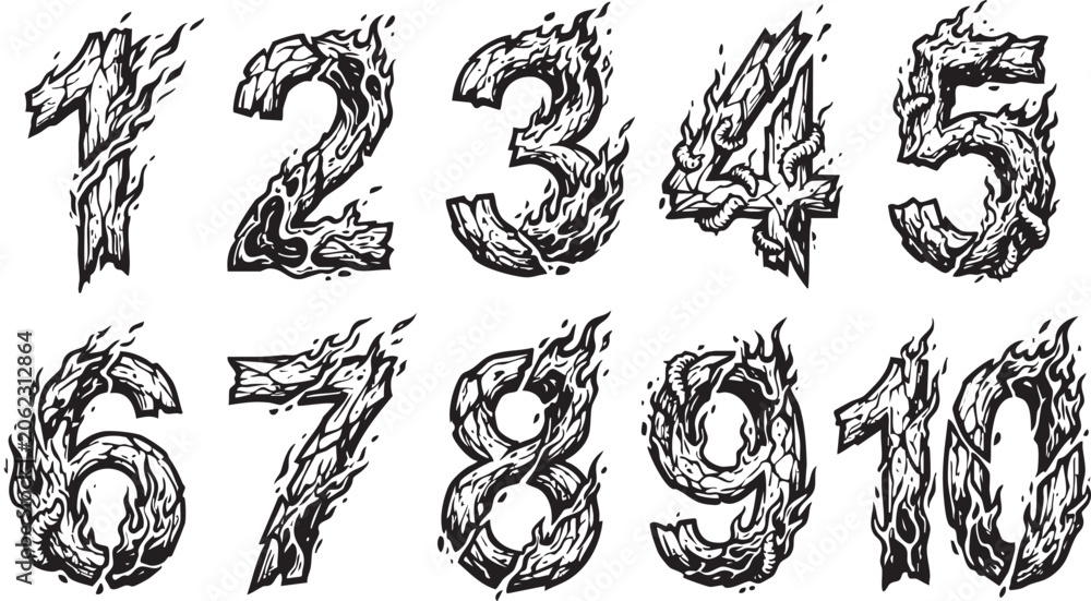 Obraz premium A striking black and white illustration of numbers one through ten, each depicted as if engulfed in flames and smoke, rendered in a detailed, textured style.