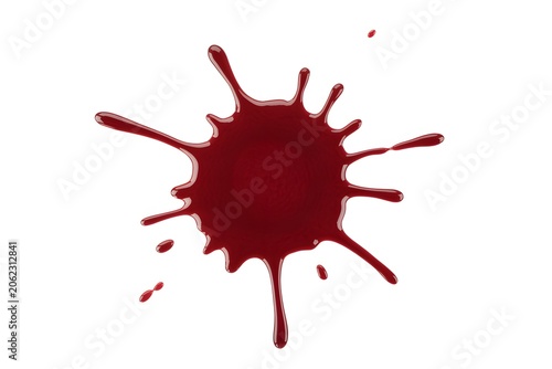 A single dark red liquid blood or paint splash on white surface with splatter, abstract