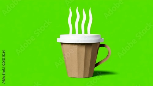Papercraft Coffee Cup Stop Motion Animation - Pop Up Icon on Green Screen for Chroma Key