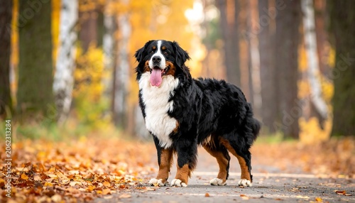 A large black, white, and brown dog stands on a leaf-covered path in a forest
