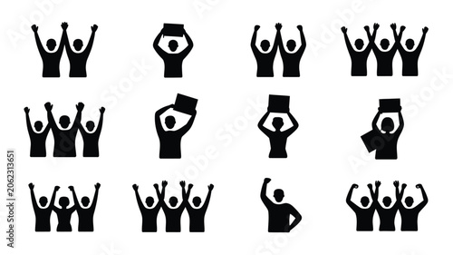 Photos Graphic collection of various people silhouettes standing together with arms raised high