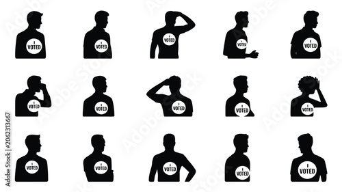 Tableau sur toile Set of human profile silhouettes wearing I voted round badges representing civic duty act