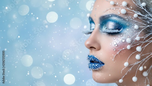 Beautiful woman with creative winter-themed makeup and snowflakes, representing a snow queen or ice princess.
