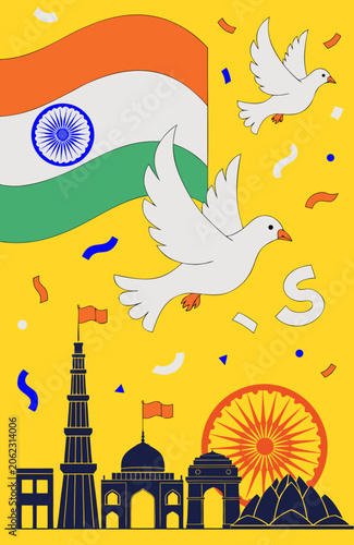 Indian Independence Day, Republic Day celebration, patriotic icons, flag, doves, monuments