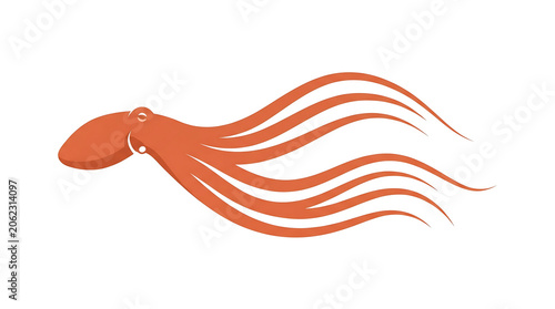 Minimalist full body vector illustration of an orange octopus with flowing tentacles