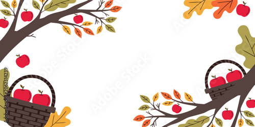 Foto Autumn apple picking background with baskets on branches