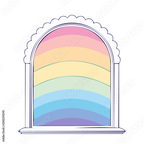 Colorful Arched Mirror with Scalloped Frame Illustration