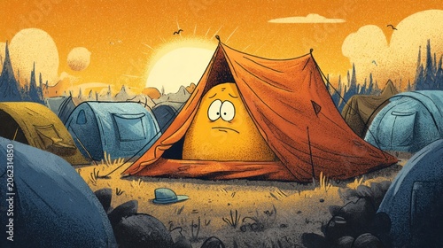 Cartoon blob sits glumly in a tent at sunrise in a busy campsite