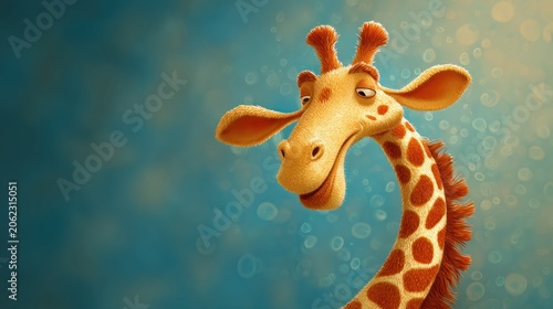 A whimsical giraffe with a long neck, soft fur, and a gentle expression is set against a dreamy bokeh background