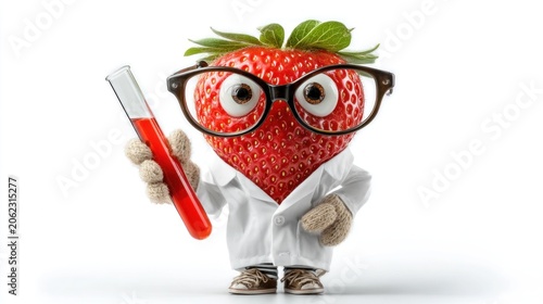 Strawberry scientist with test tube in lab coat