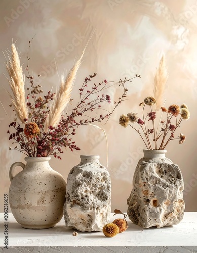A serene still life of three unique vases with dried flowers on a white surface against a soft, beige background