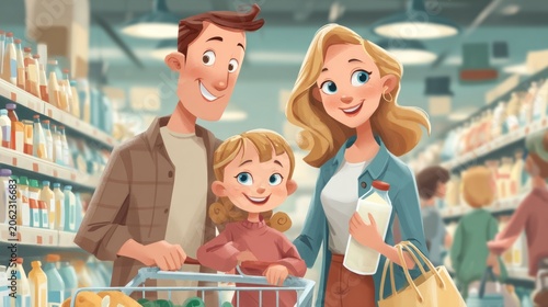 Animated family, smiling, at supermarket with shopping cart. Mother holds milk. Shelves are stocked. Other shoppers blur