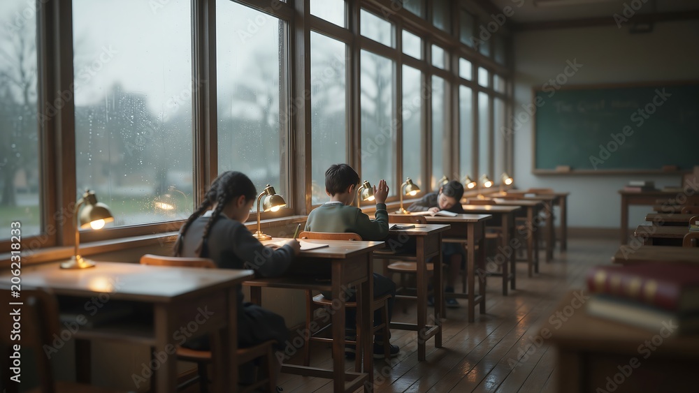 Fototapeta premium Students studying at wooden desks in a quiet, dimly lit classroom with large windows on a rainy day