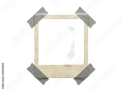 Vintage polaroid photo frame attached with grey duct tape on white background