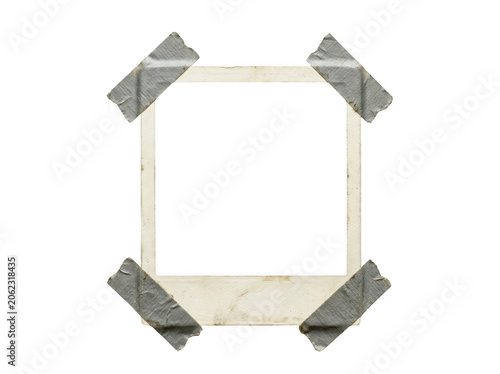 Vintage polaroid photo frame with duct tape corners isolated on white background