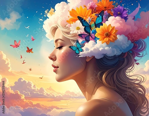 A serene woman with closed eyes, adorned with flowers and butterflies on her head, set against a vibrant sunset