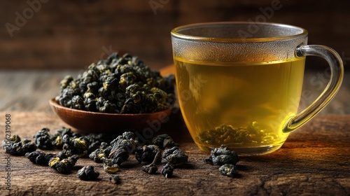 Tea cup and loose-leaf tea on wood, warm lighting