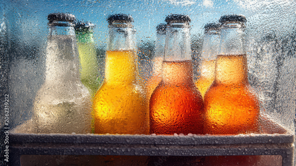 Fototapeta premium Bottles of soda in a refrigerator with condensation on the glass