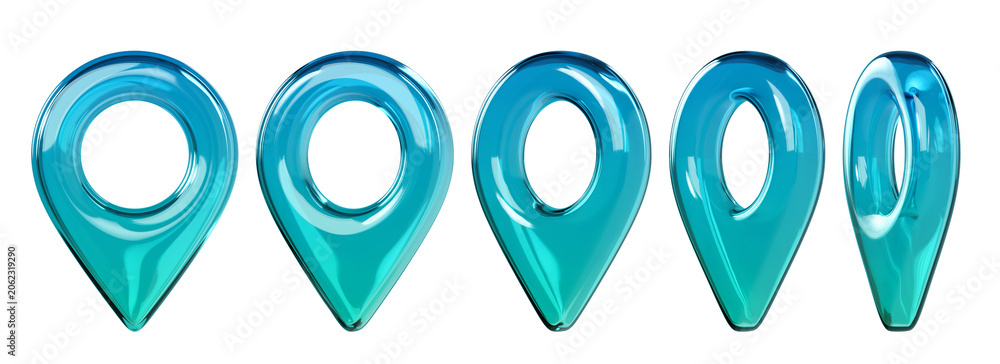 Obraz premium Glossy turquoise 3D map location pin icons in different views. Transparent glass or plastic navigation markers isolated on background for GPS, map, travel and UI design. 3d render. 