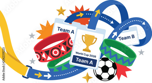 Tournament lanyards and wristbands display team credentials alongside the championship trophy for the World Cup 2026.