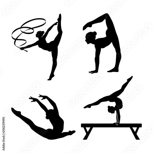 Female gymnast performing artistic routines in dynamic poses on balance beam and with ribbon