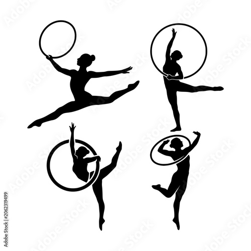 Dynamic gymnastics poses with hoops minimalist black silhouette vector illustration
