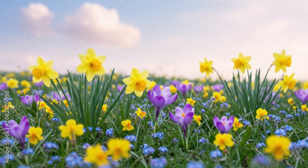 Fototapeta premium Vibrant spring meadow with blooming daffodils and crocuses under soft sky