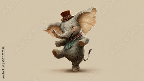 Cute elephant wearing top hat, dancing