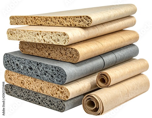 A stack of rolled and unrolled porous material sheets in various shades