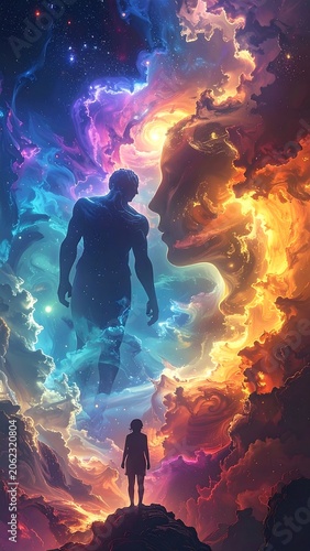 A surreal depiction of a person gazing at a vibrant, ethereal silhouette