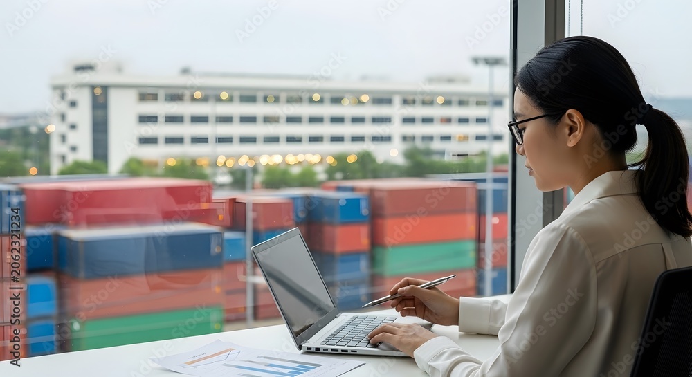 Naklejka premium Business Professional Working on Financial Charts at a Desk with Modern Office View, Typing on a Laptop and Taking Notes
