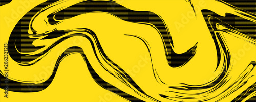 Abstract yellow and black liquid marble banner background with halftone pattern