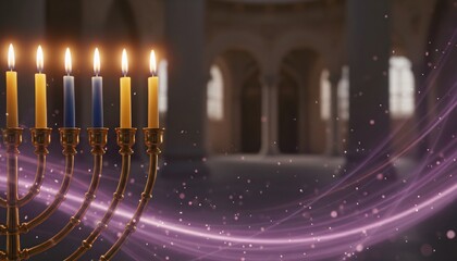 A lit Menorah with seven candles burning brightly in a dimly lit room with ornate architecture in the background, symbolizing Hanukkah.