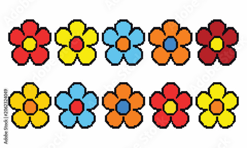 Quadro su tela Retro 70s daisy flower icons, set of 10 colorful floral elements in EPS format,