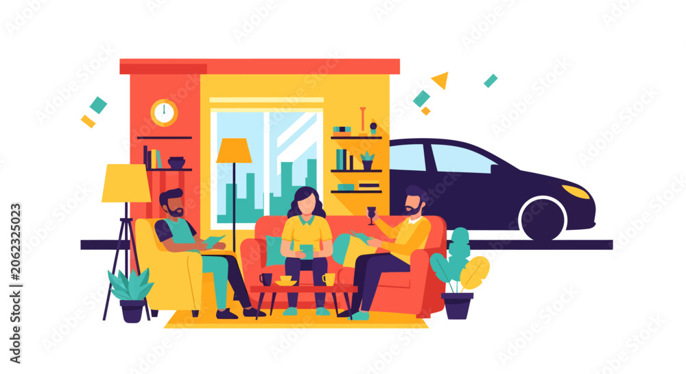 Fototapeta premium Flat vector of people socializing in a living room with an integrated car, illustrating modern mobility or car sales concepts.