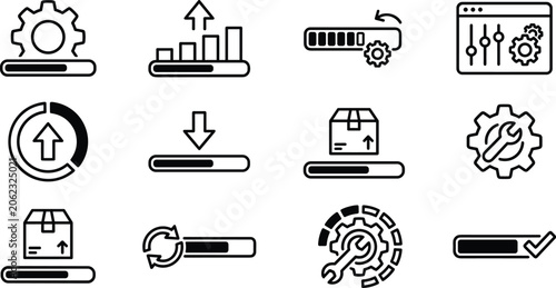 Photos Loading progress bar icons with gear settings and upload download arrows for sys