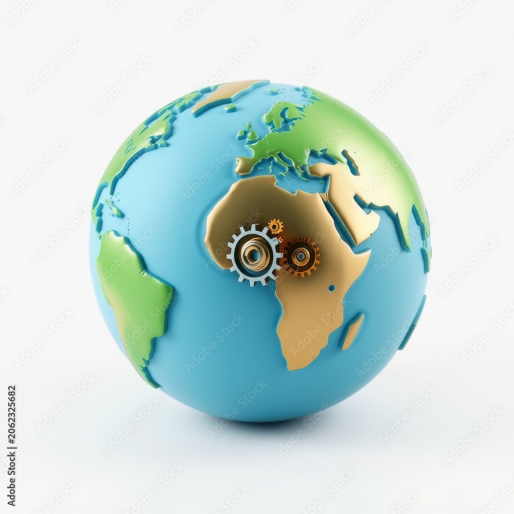 Obraz premium Globe depicts continents, gears integrated into Africa. Symbolizes global mechanics, innovation, interconnectedness. Bright colors, clean design.
