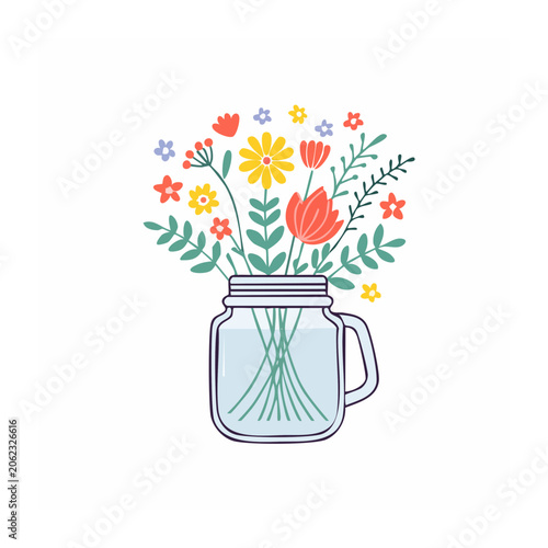 Flat design flower vase with colorful blooms