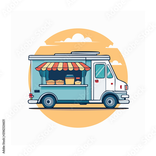 Flat design food truck with candy and umbrella
